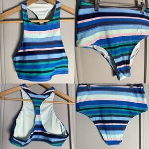 Aerie Small Medium Swimsuit High Neck Bikini Stripe Vacation Beach Outfits Swim